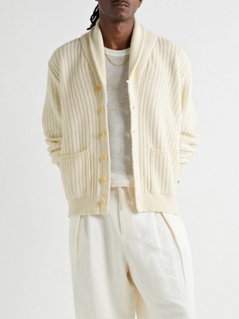 Inis Meain Shawl-Collar Ribbed Merino Wool and Cashmere-Blend Cardigan large